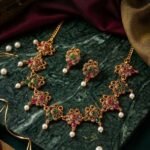 Antique Gold-Plated Navaratna-Style Choker & Earrings Set with Pearl Droplets