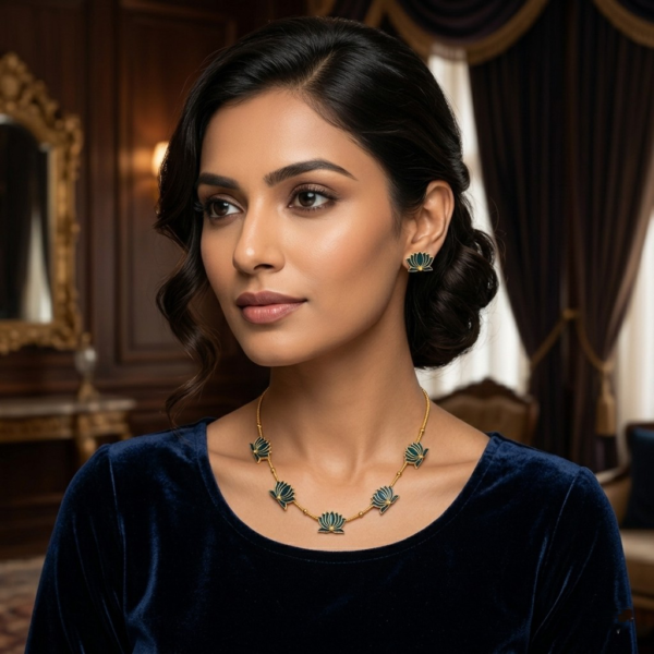 Emerald Enamel Lotus Necklace & Stud Earrings