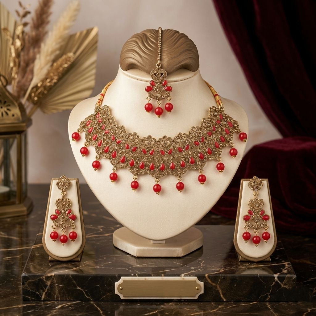 2026/04/1000192753.png Red Teardrop Choker, Earrings, and Maang Tikka - Image 1