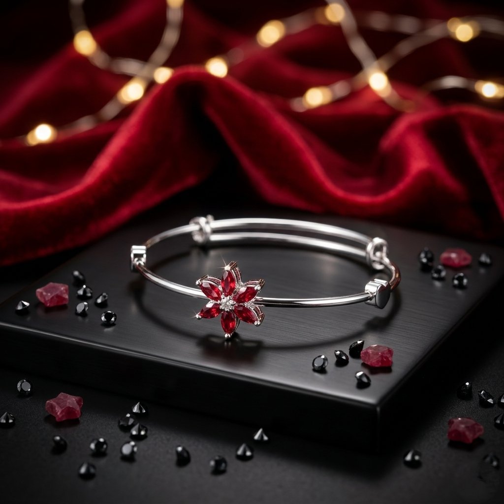 2026/04/1000192831.jpg Red Jewel & Rhodium Plated Expandable Bangle Bracelet - Image 1