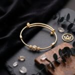 Adjustable  Gold-Plated Bangle with Pave-Set Rhombic Charm Bracelet