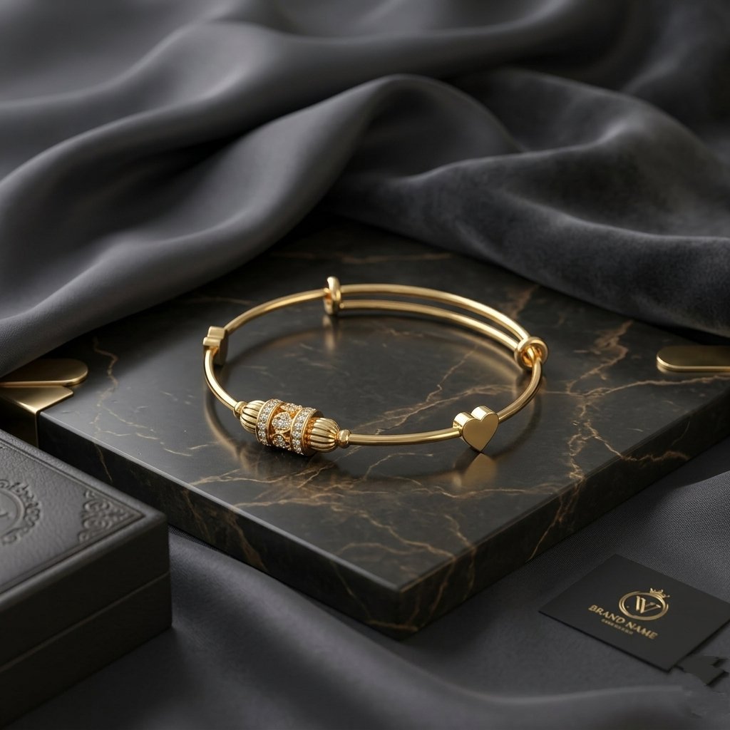 2026/04/1000192839.jpg Adjustable Gold-Plated Bangle with Pave Barrel & Heart Accents Bracelet - Image 1