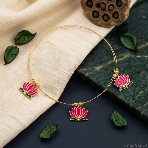 Kamala" Triple-Lotus Choker: Gold & Pink Meenakari Invisible chain