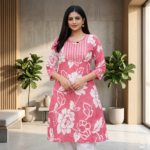 Rose Petal Floral Kurti with Intricate Neck Embroidery