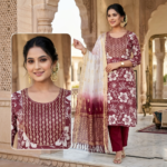 Royal Maroon Floral Printed Kurta Set with Embroidered Yoke & Ombre Dupatta