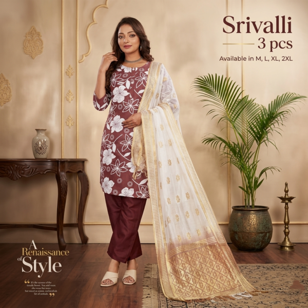 Srivalli Maroon Floral Printed 3-Piece Kurta Pant Set with Dupatta