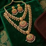 Traditional Mango Motif Dual-Necklace Set with Kemp Stones & Pearl Drops