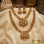Goddess Lakshmi Antique Temple Haram Set with Short Necklace and Jhumkas