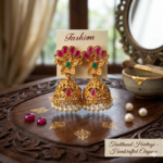 Traditional Floral Kemp Jhumka Earrings with Pearl Droplets